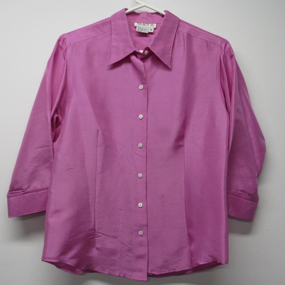 Vintage Tracy M. 100% Silk Pink Button Front Blouse Shirt 3/4 Sleeve sz M 💰